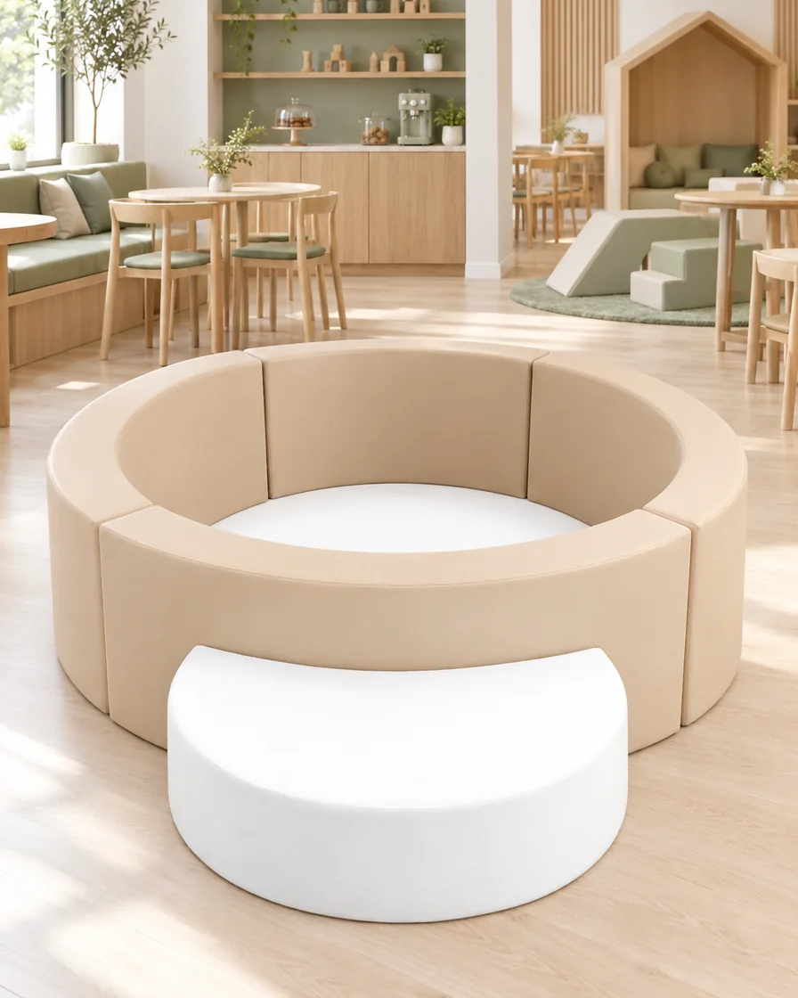 Beige & White round Soft Play Ball Pit with Step in a Scandinavian soft play cafe indoor playground