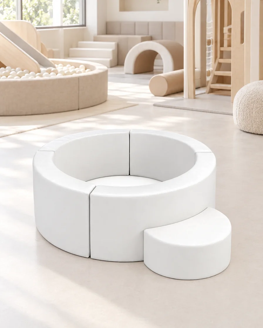 PlayCurator Round Soft Play Ball Pit with Step — White 1 White round Soft Play Ball Pit with Step in a soft play center indoor playground