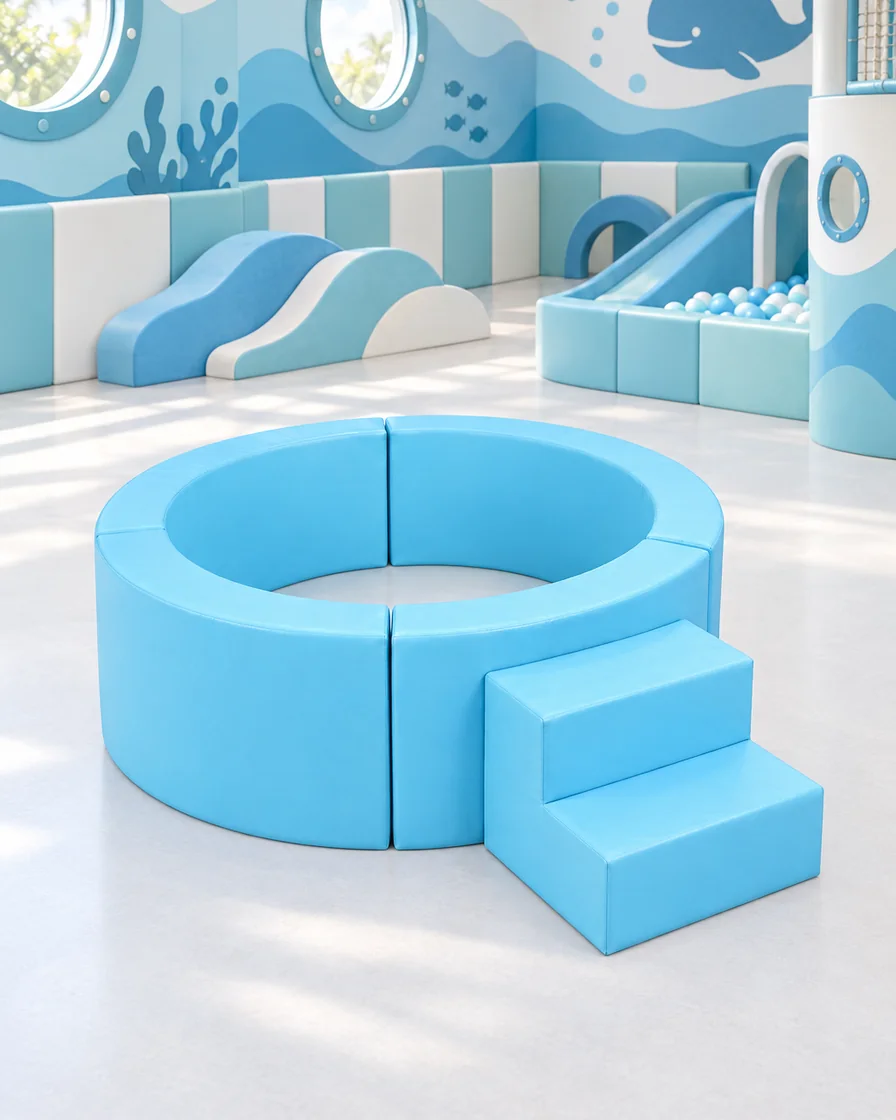 PlayCurator Round Soft Play Ball Pit with Steps — Sky Blue 1 Sky Blue round Soft Play Ball Pit with Steps in a ocean theme indoor playground