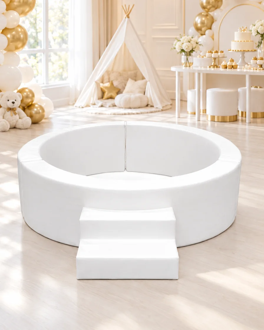 PlayCurator Round Soft Play Ball Pit with Steps — White 1 White round Soft Play Ball Pit with Steps in a kids party room indoor playground