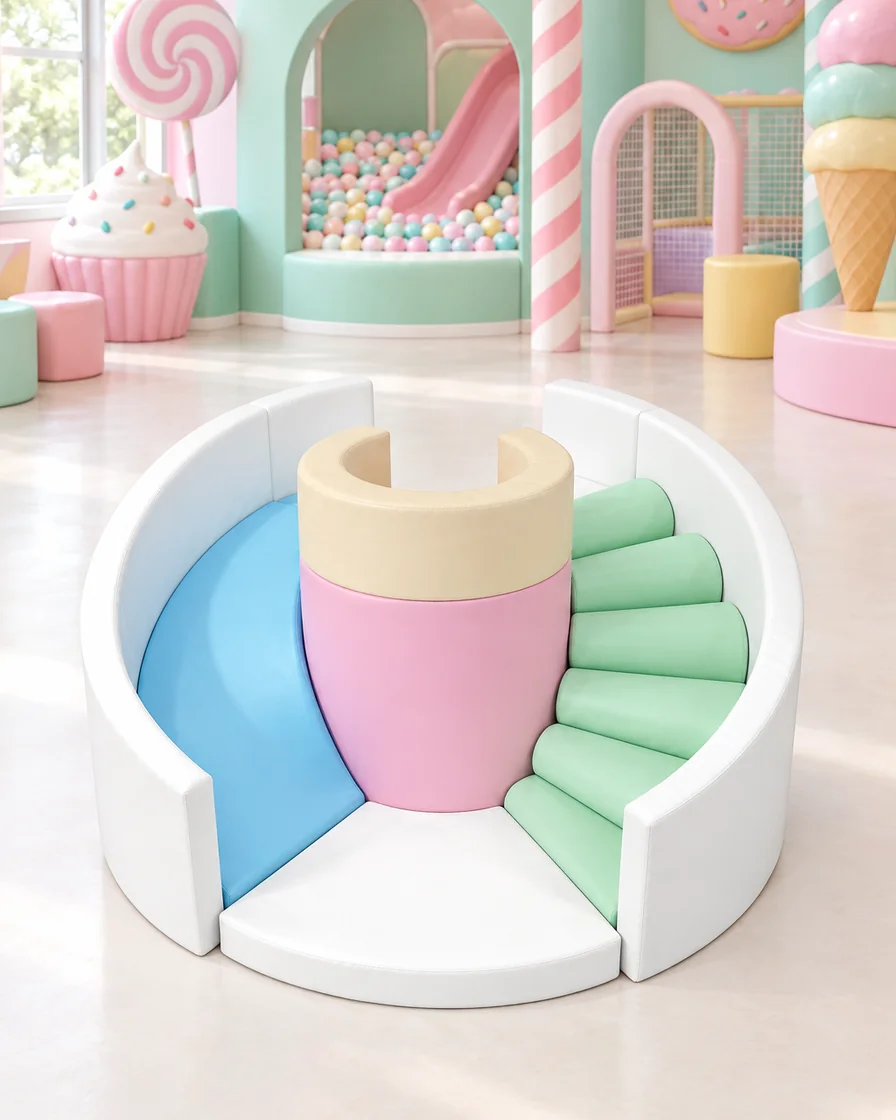 PlayCurator Round Soft Play Climber — Pastel 1 Pastel round Soft Play Climber in a candy theme indoor playground
