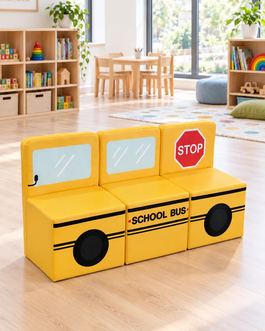 Yellow school Bus Soft Play Bench in a kindergarten playroom indoor playground