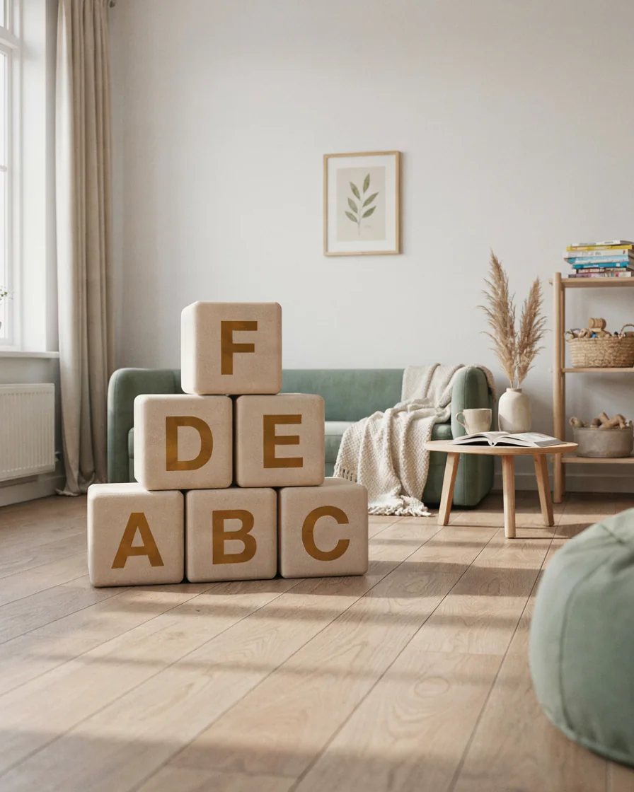 PlayCurator Soft Play Alphabet Block — Beige 1 Soft Play Alphabet Block Beige in a Scandinavian soft play cafe indoor playground