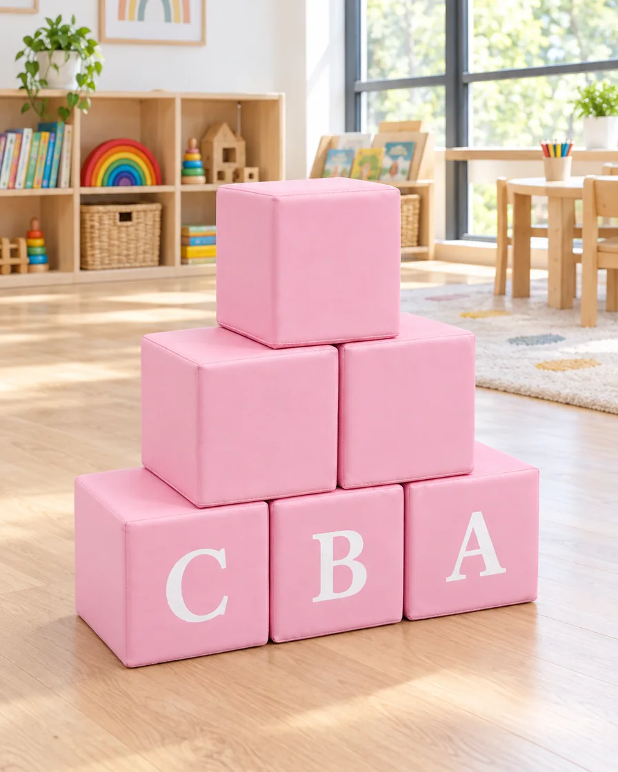 PlayCurator Soft Play Alphabet Block — Pink 1 Soft Play Alphabet Block Pink in a kindergarten playroom indoor playground