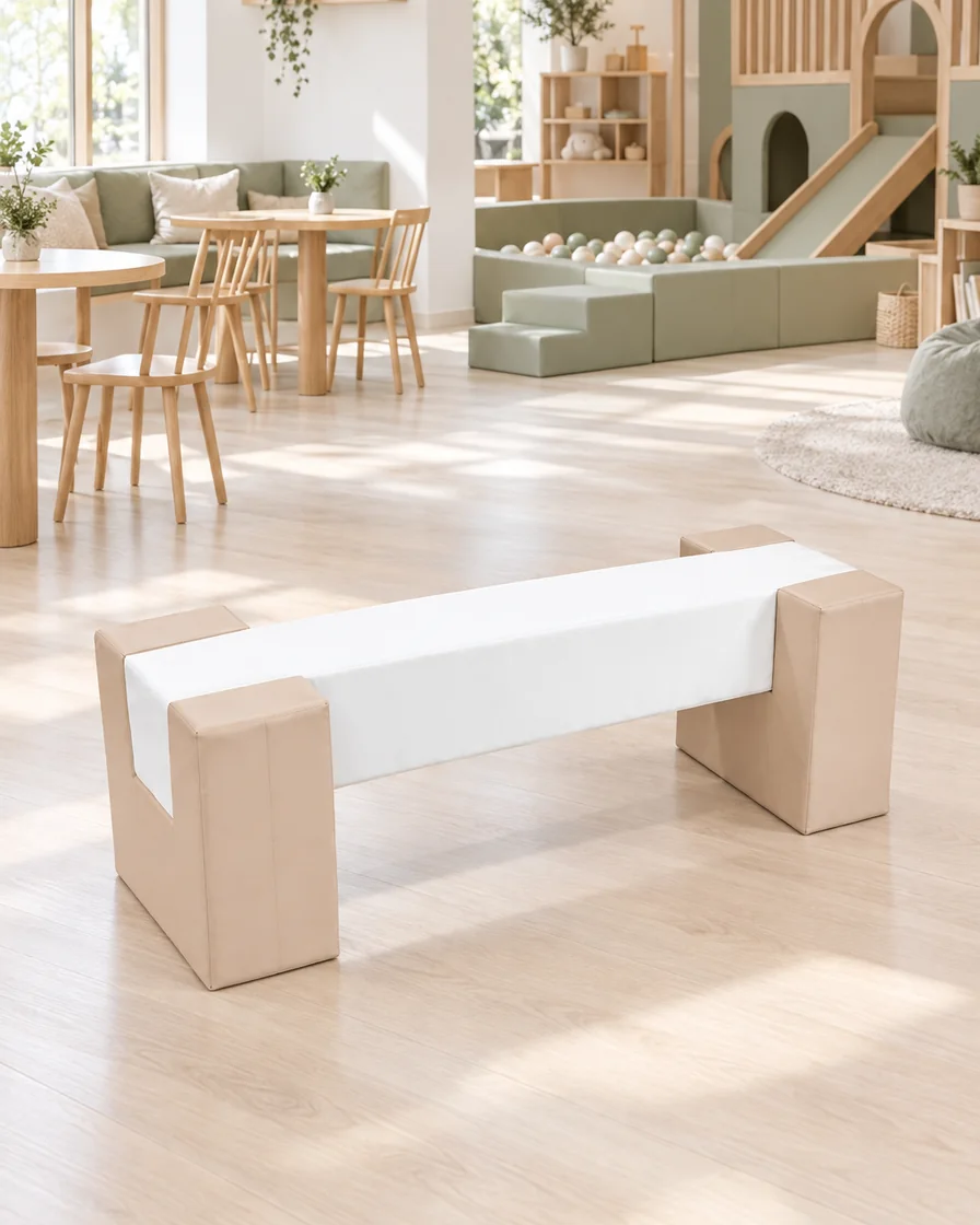PlayCurator Soft Play Balance Beam — White Beam & Beige Supports 1 Beige & White soft Play Balance Beam in a Scandinavian soft play cafe indoor playground