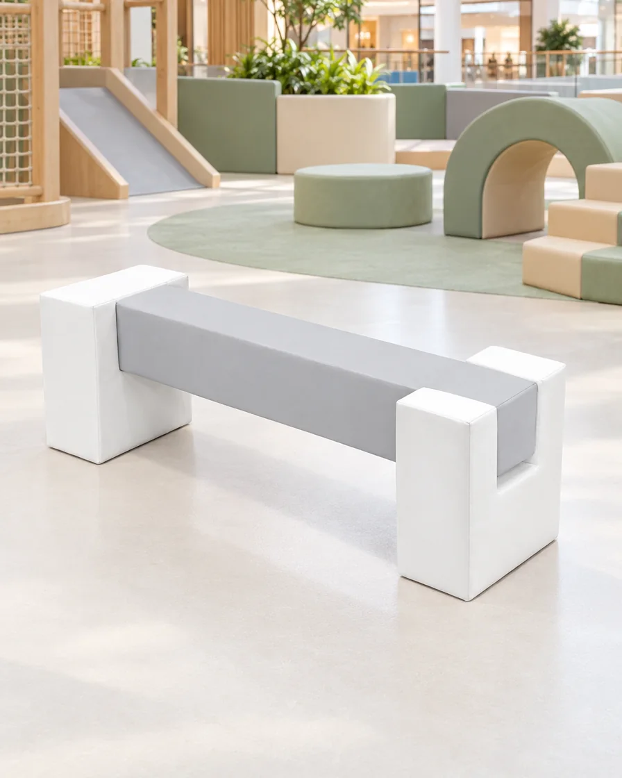 PlayCurator Soft Play Balance Beam — Grey & White 1 Grey & White soft Play Balance Beam in a mall play zone indoor playground