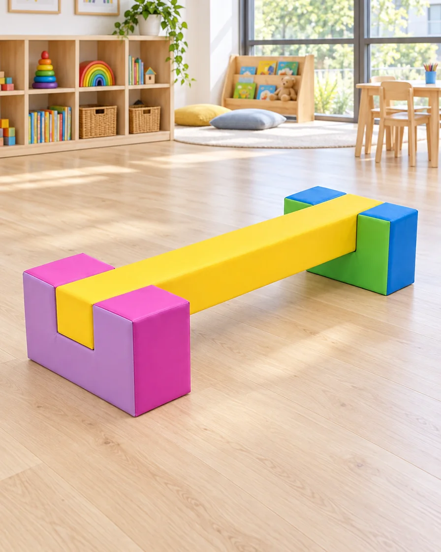 PlayCurator Soft Play Balance Beam — Rainbow 1 Rainbow soft Play Balance Beam in a kindergarten playroom indoor playground