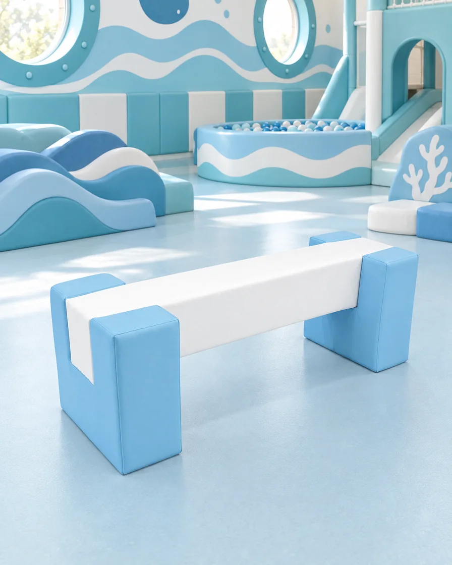 PlayCurator Soft Play Balance Beam — Sky Blue & White 1 Sky Blue & White soft Play Balance Beam in a ocean theme indoor playground