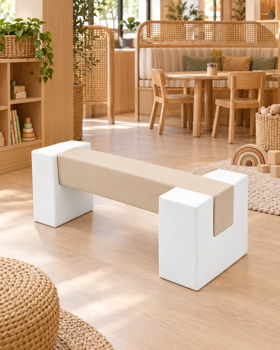 PlayCurator Soft Play Balance Beam — Beige Beam & White Supports 1 White & Beige soft Play Balance Beam in a restaurant kids corner indoor playground