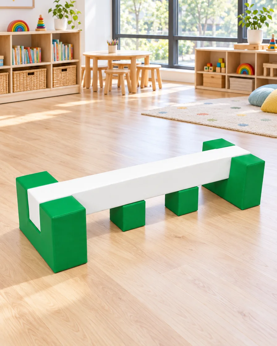 Green & White soft Play Balance Beam with Stepping Blocks in a kindergarten playroom indoor playground