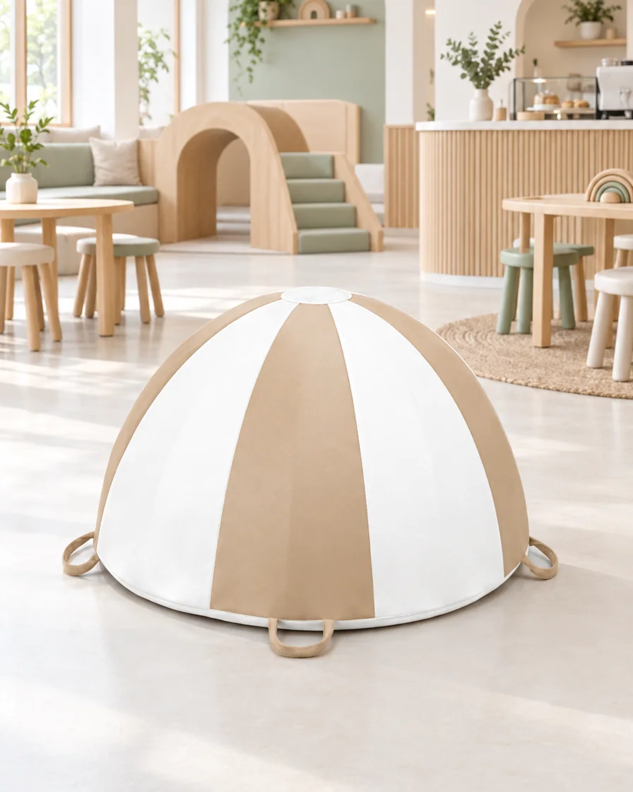 PlayCurator Soft Play Balance Dome — Beige & White 1 Beige & White soft Play Balance Dome in a Scandinavian soft play cafe indoor playground