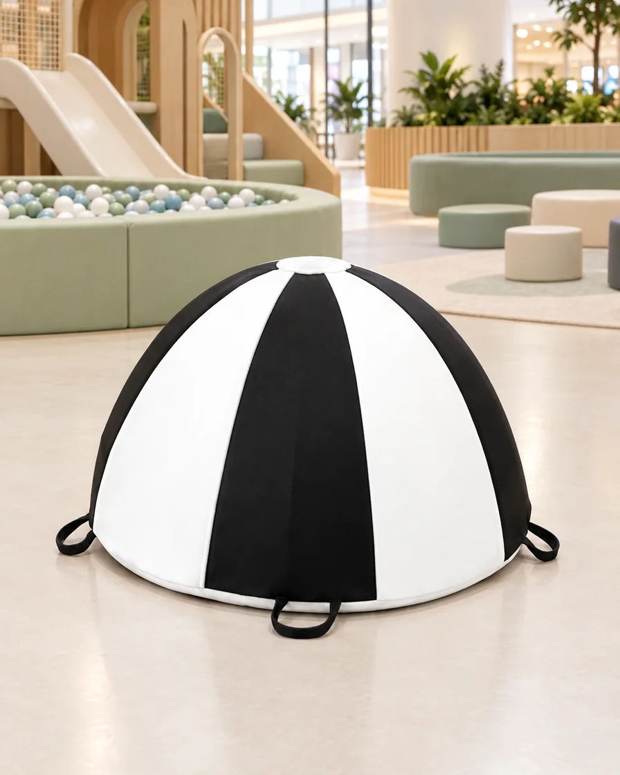 PlayCurator Soft Play Balance Dome — Black & White 1 Black & White soft Play Balance Dome in a mall play zone indoor playground