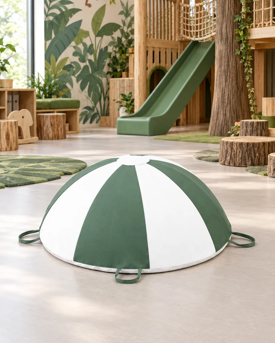 PlayCurator Soft Play Balance Dome — Green & White 1 Green & White soft Play Balance Dome in a jungle theme indoor playground