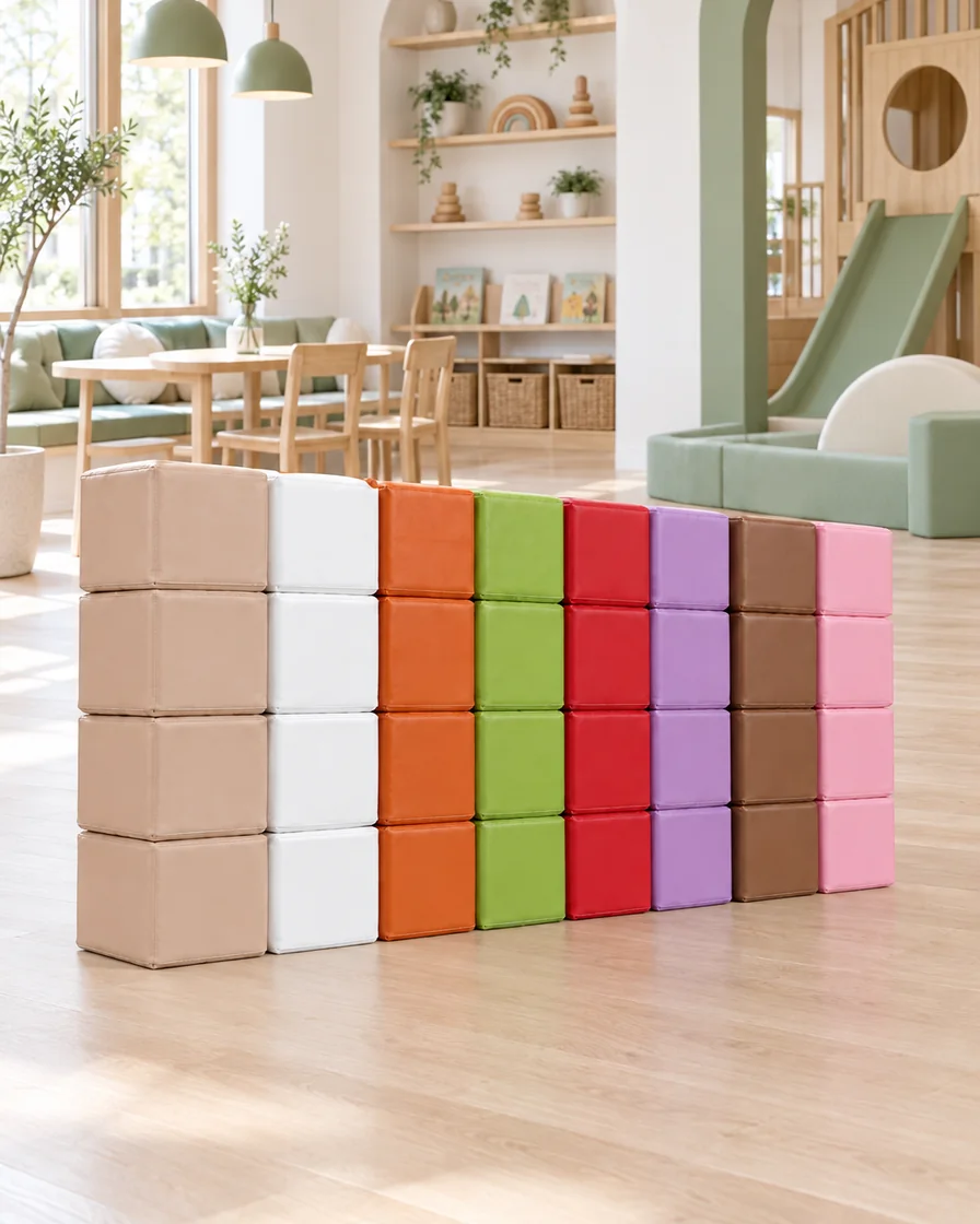 Autumn Columns soft Play Block Wall Set in a Scandinavian soft play cafe indoor playground