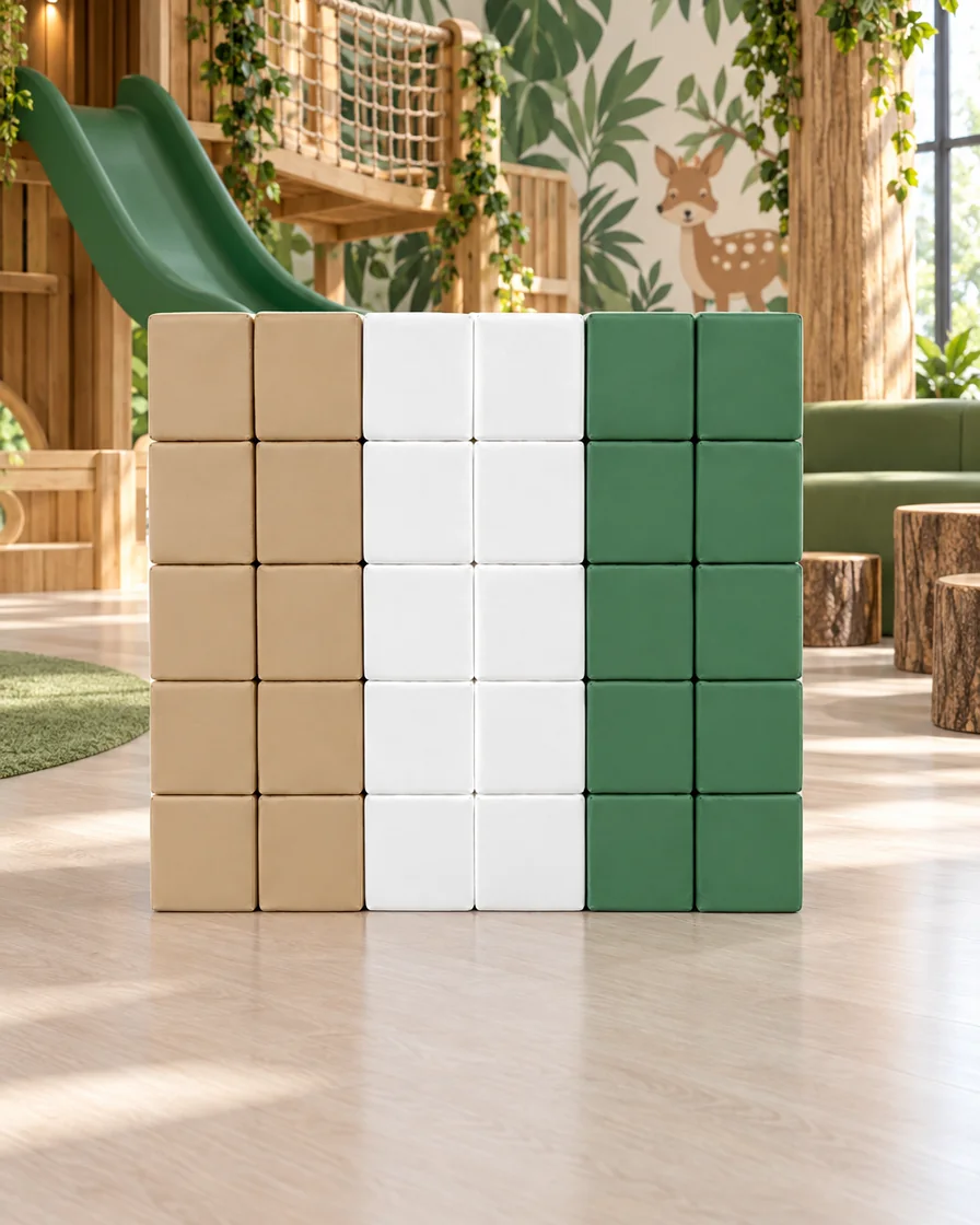 PlayCurator Soft Play Block Wall Set — Beige, White & Green 1 Beige, White & Green soft Play Block Wall Set in a jungle theme indoor playground