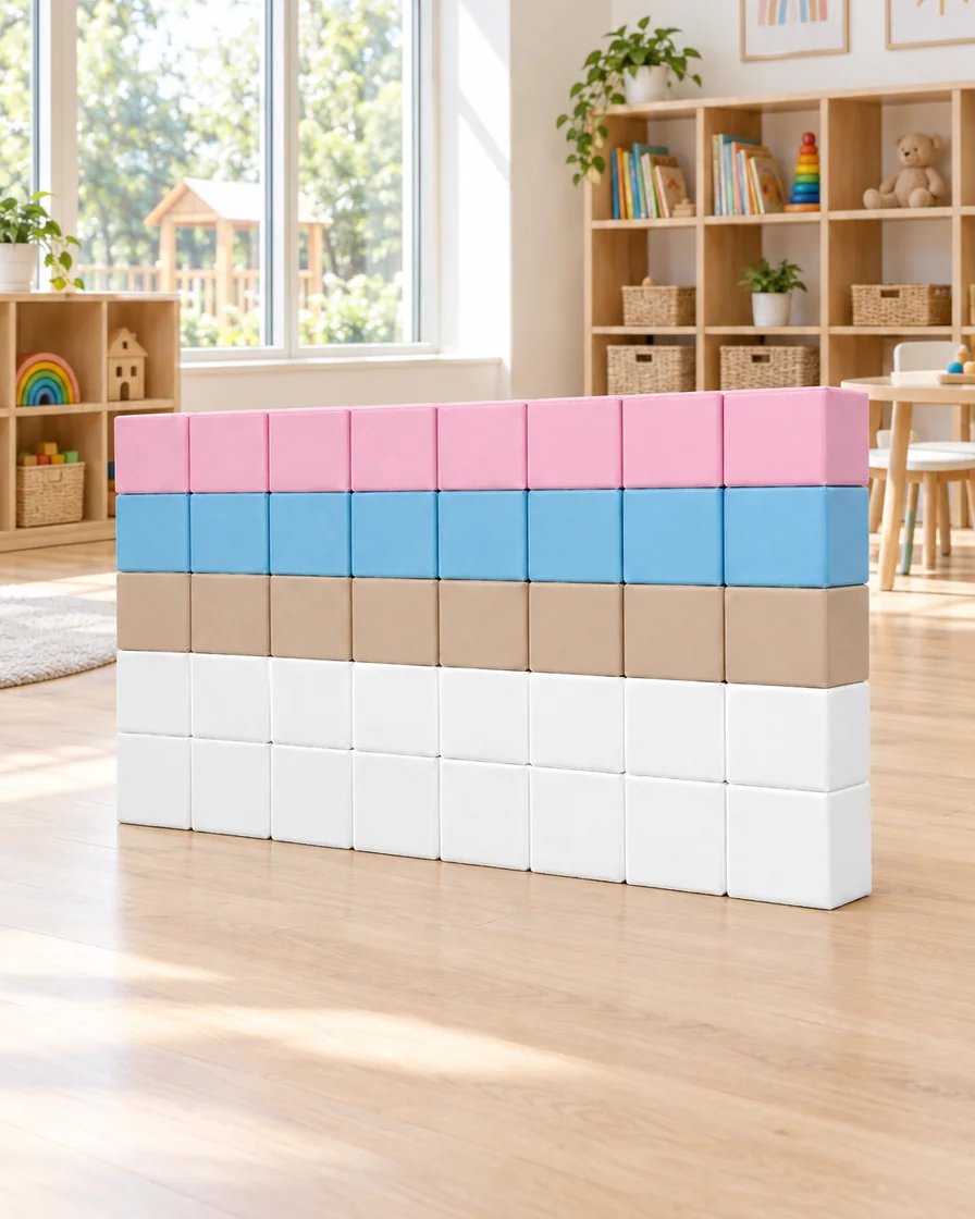 PlayCurator Soft Play Block Wall Set — Pastel Rows 1 Pastel Rows soft Play Block Wall Set in a kindergarten playroom indoor playground