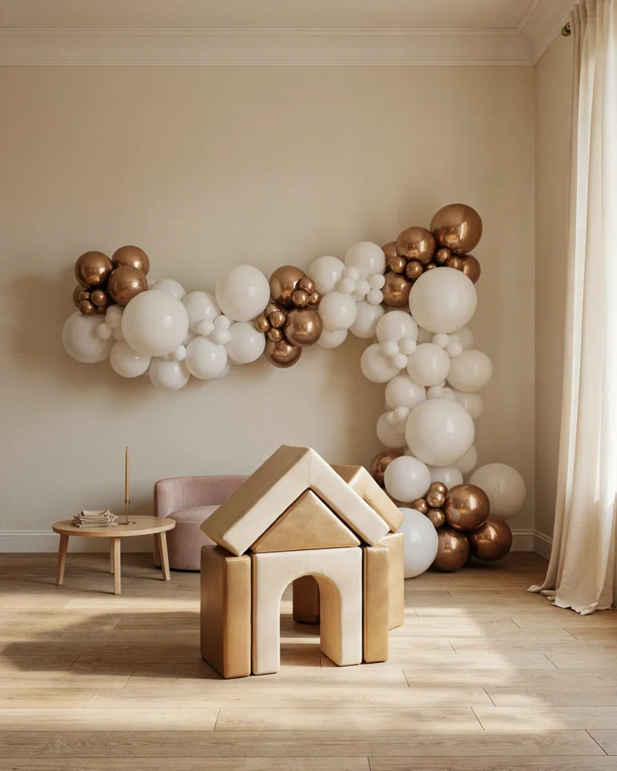 Soft Play Building Block Set Gold & Cream in a kids party room indoor playground