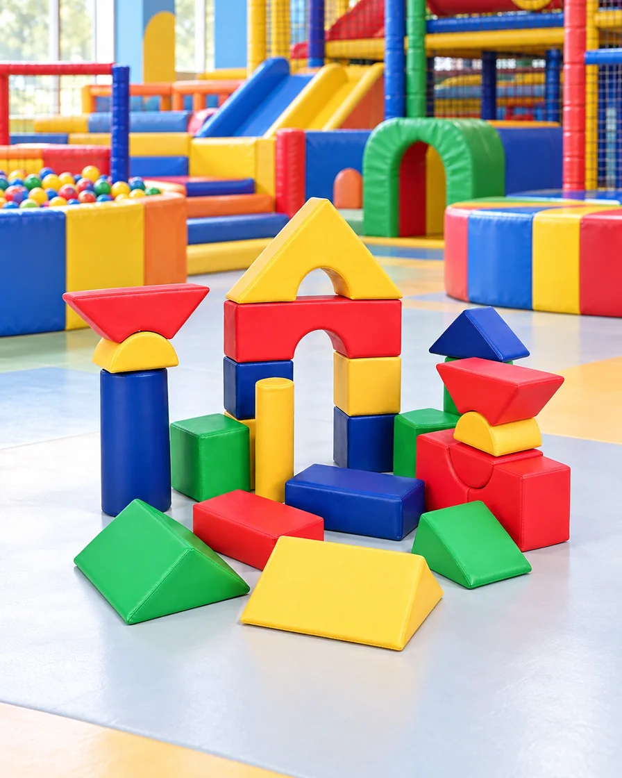 PlayCurator Soft Play Building Block Set — Rainbow 1 Soft Play Building Block Set Rainbow in a family entertainment center indoor playground