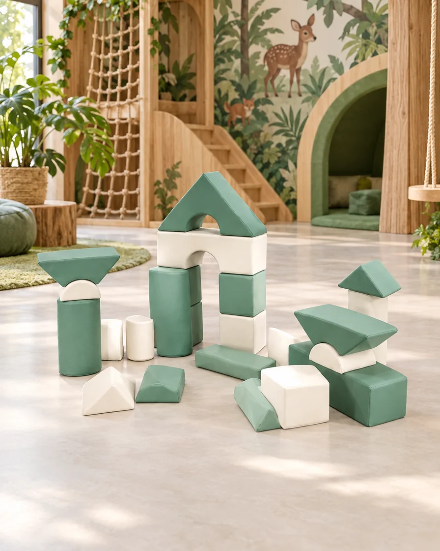 PlayCurator Soft Play Building Block Set — Sage Green & Cream 1 Sage Green & Cream soft Play Building Block Set in a jungle theme indoor playground