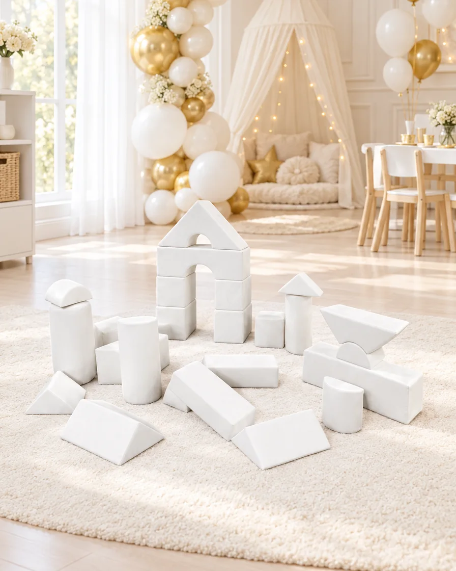 PlayCurator Soft Play Building Block Set — White 1 White soft Play Building Block Set in a kids party room indoor playground