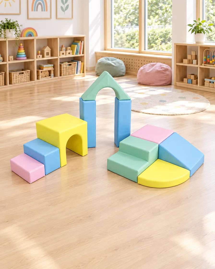 Pastel soft Play Climber Set with Tunnel & Arch in a kindergarten playroom indoor playground