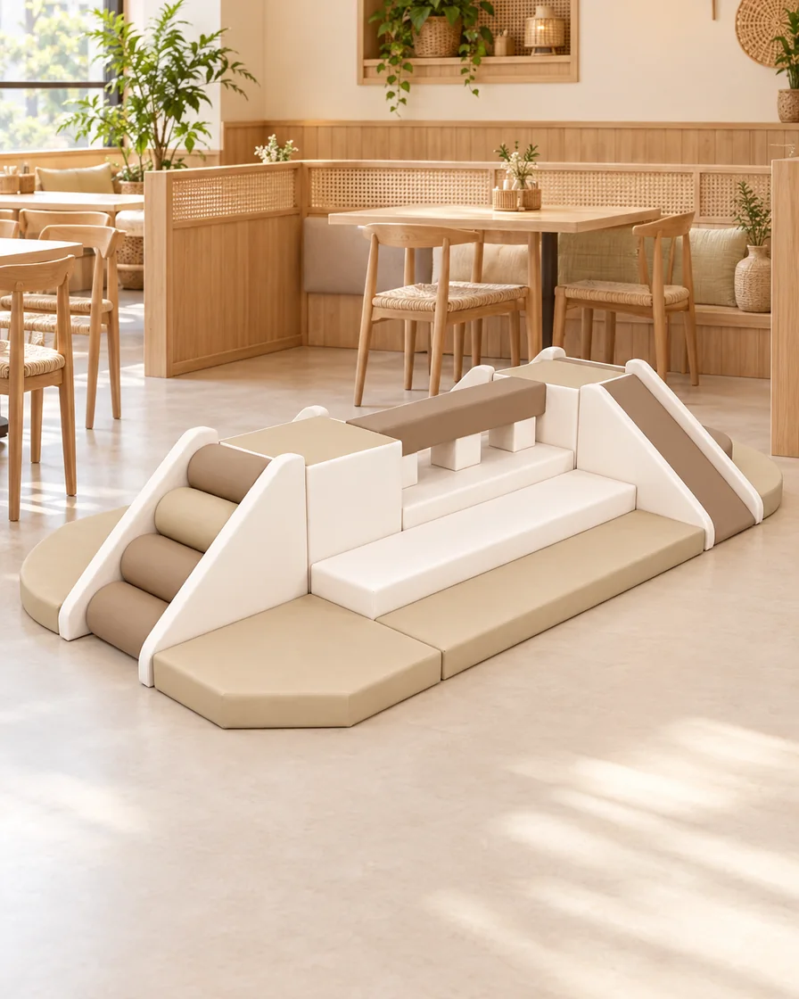 Beige & Brown soft Play Climbing Playset in a restaurant kids corner indoor playground