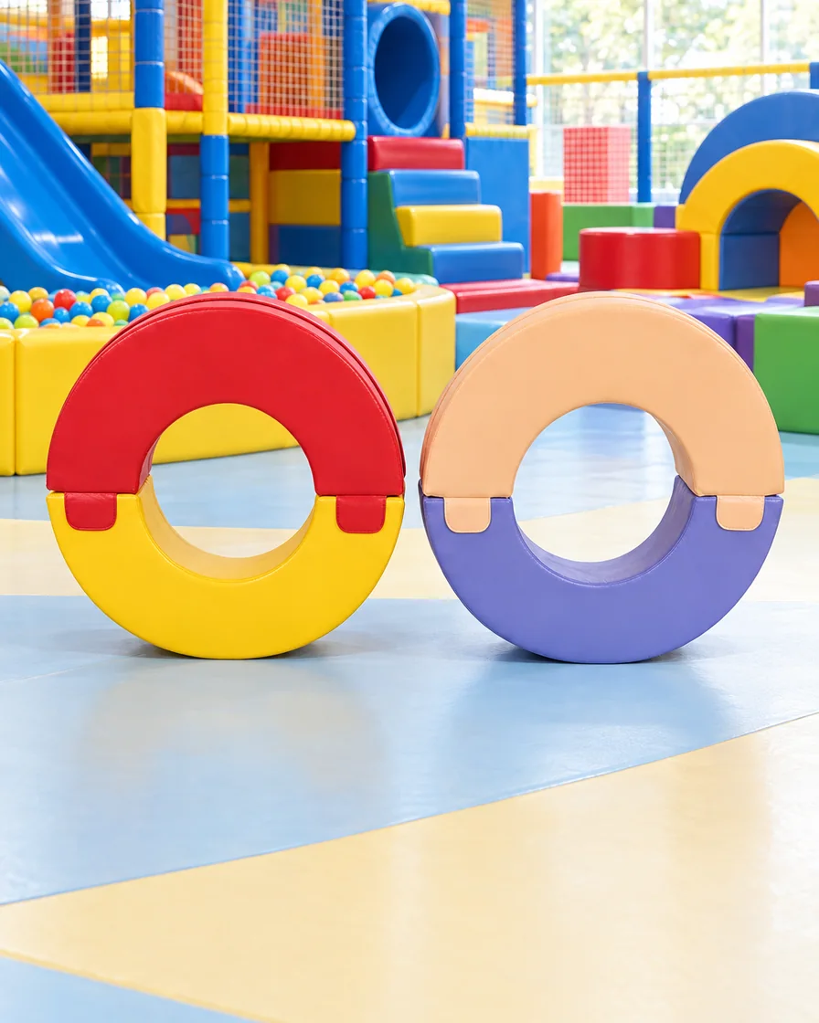 Red & Yellow, Peach & Lilac soft Play Crawl Ring in a family entertainment center indoor playground