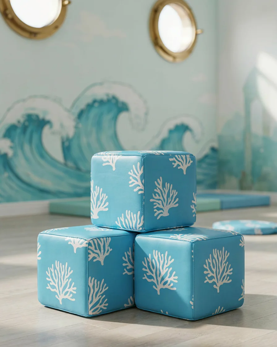 PlayCurator Soft Play Cube, 30 cm — Aqua Coral 1 Soft Play Cube, 30 cm Aqua Coral in a ocean theme indoor playground