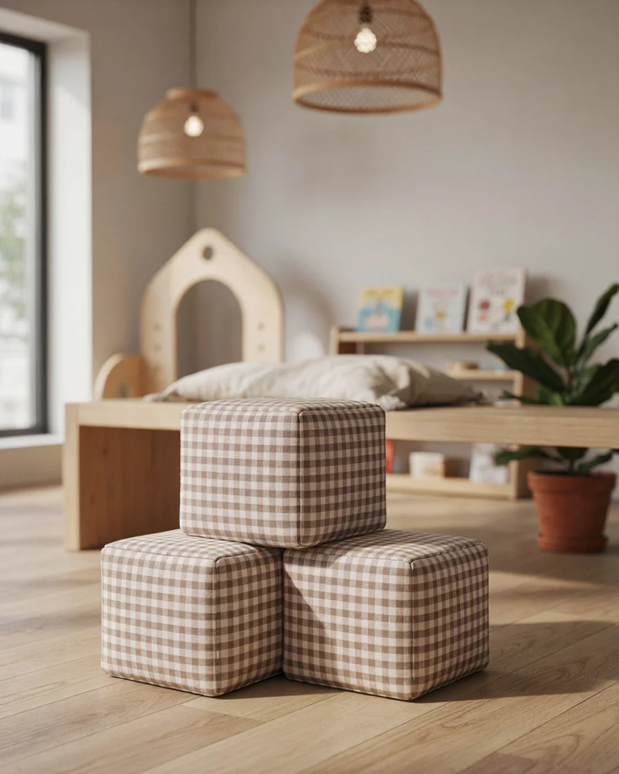 PlayCurator Soft Play Cube, 30 cm — Beige Gingham 1 Soft Play Cube, 30 cm Beige Gingham in a restaurant kids corner indoor playground