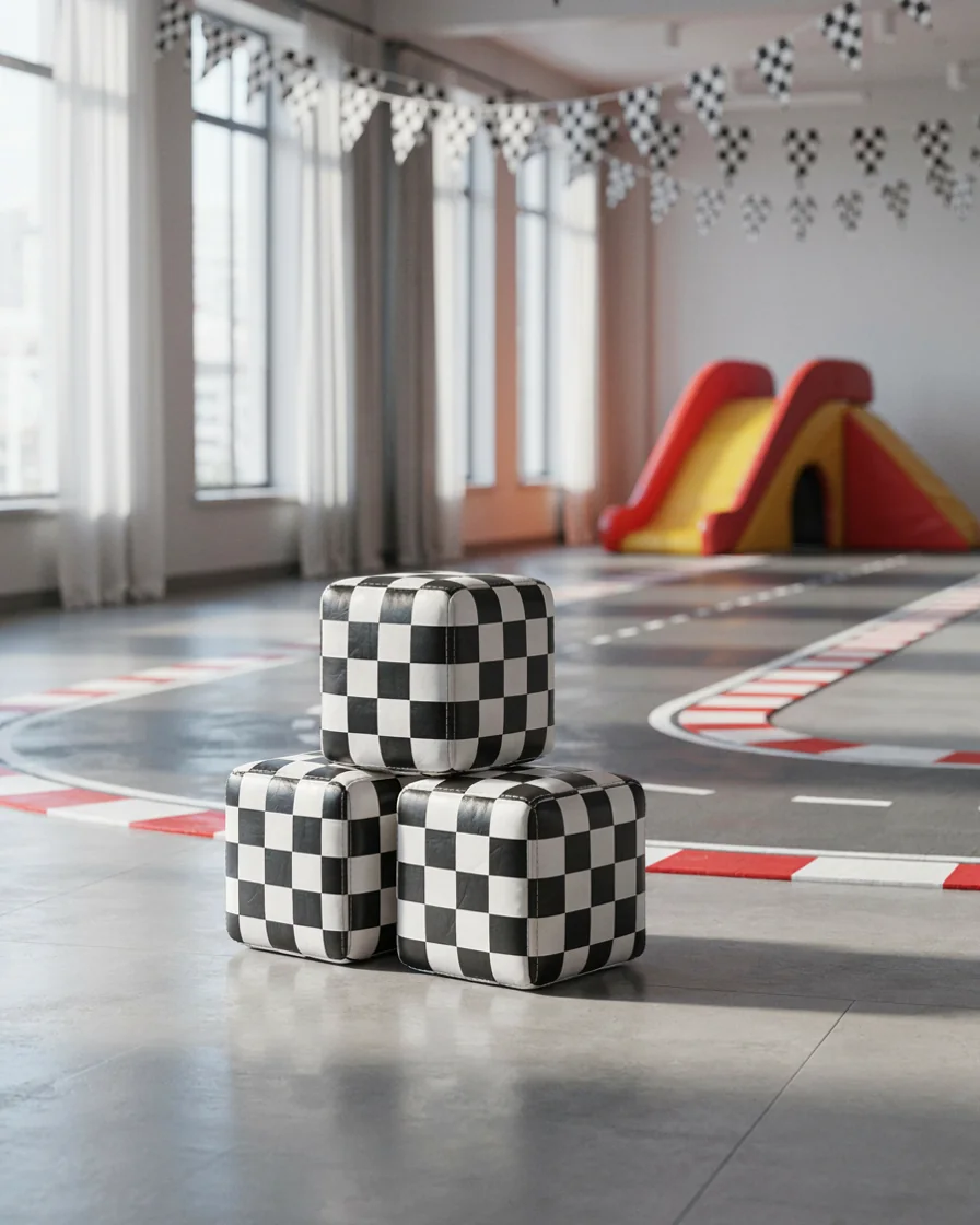 Soft Play Cube, 30 cm Black & White Checker in a racing theme zone indoor playground