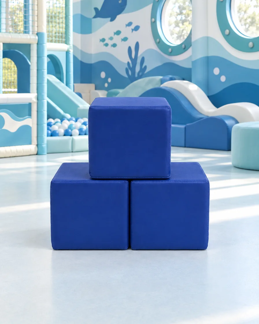 PlayCurator Soft Play Cube, 30 cm — Blue 1 Soft Play Cube, 30 cm Blue in a ocean theme indoor playground