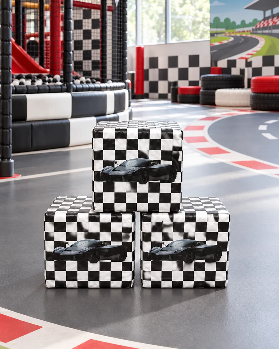 Checkered Race Car soft Play Cube, 30 cm in a racing theme zone indoor playground
