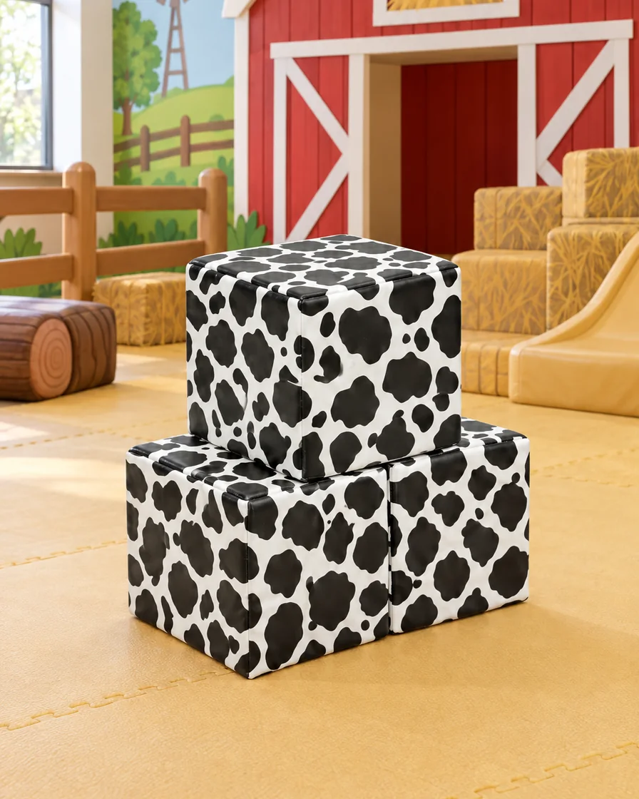 PlayCurator Soft Play Cube, 30 cm — Cow Print 1 Soft Play Cube, 30 cm Cow Print in a farm theme corner indoor playground