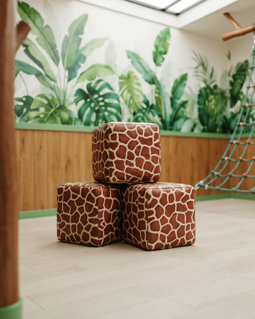 Soft Play Cube, 30 cm Giraffe Print in a jungle theme indoor playground