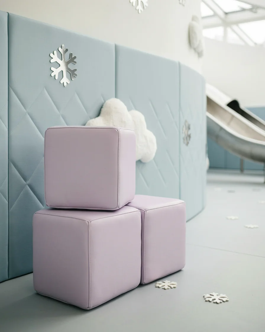 PlayCurator Soft Play Cube, 30 cm — Lavender 1 Soft Play Cube, 30 cm Lavender in a ice and snow theme indoor playground