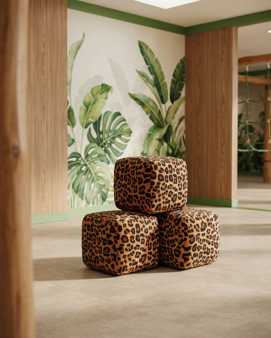 PlayCurator Soft Play Cube, 30 cm — Leopard Print 1 Soft Play Cube, 30 cm Leopard Print in a jungle theme indoor playground