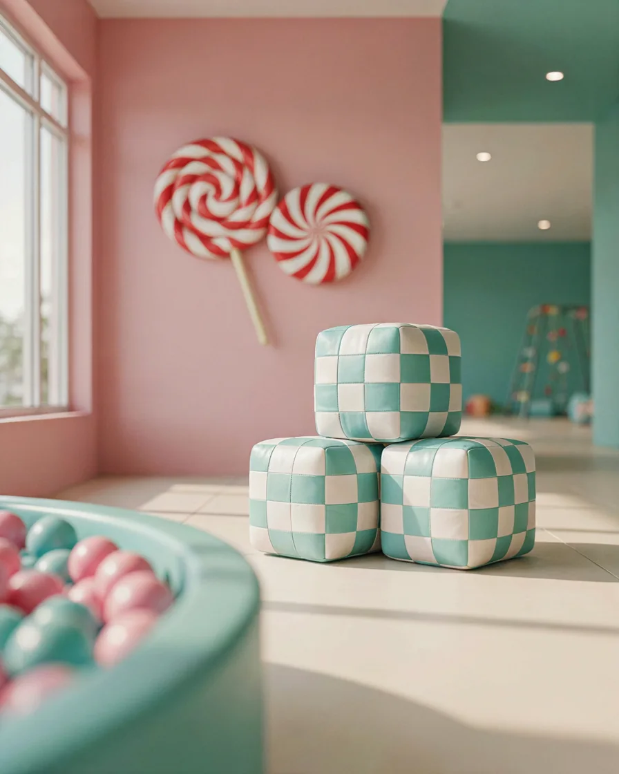 PlayCurator Soft Play Cube, 30 cm — Mint Checker 1 Soft Play Cube, 30 cm Mint Checker in a candy theme indoor playground