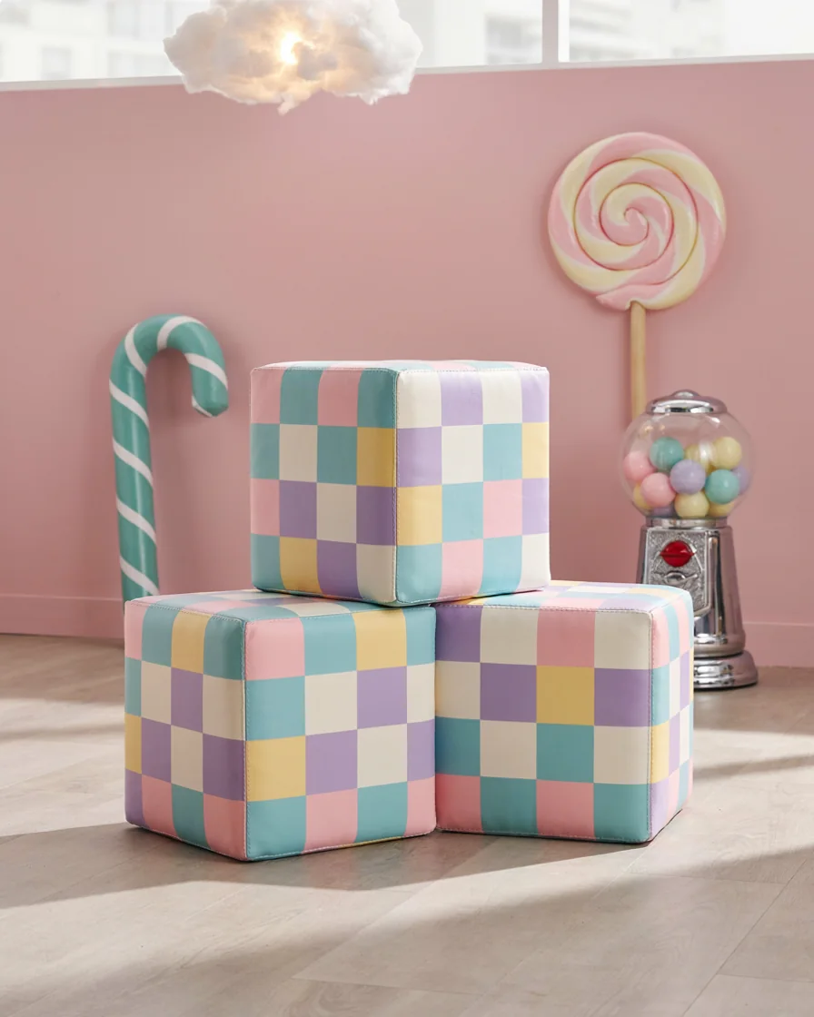 PlayCurator Soft Play Cube, 30 cm — Pastel Checker 1 Soft Play Cube, 30 cm Pastel Checker in a candy theme indoor playground