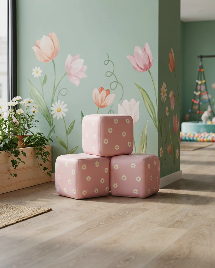 PlayCurator Soft Play Cube, 30 cm — Pink Daisy 1 Soft Play Cube, 30 cm Pink Daisy in a garden theme corner indoor playground