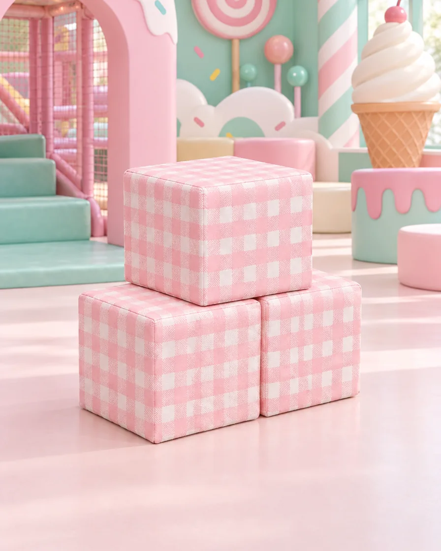 Soft Play Cube, 30 cm Pink Gingham in a candy theme indoor playground
