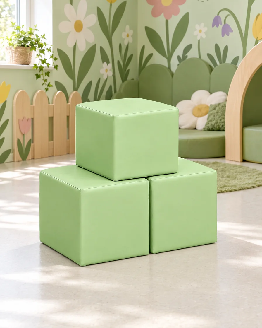 PlayCurator Soft Play Cube, 30 cm — Pistachio 1 Soft Play Cube, 30 cm Pistachio in a garden theme corner indoor playground