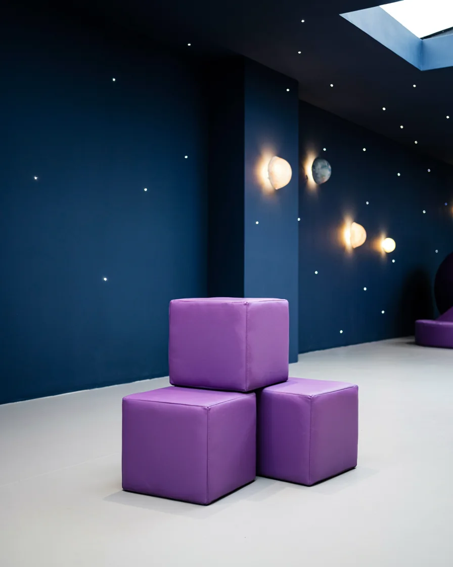 PlayCurator Soft Play Cube, 30 cm — Purple 1 Soft Play Cube, 30 cm Purple in a space theme indoor playground