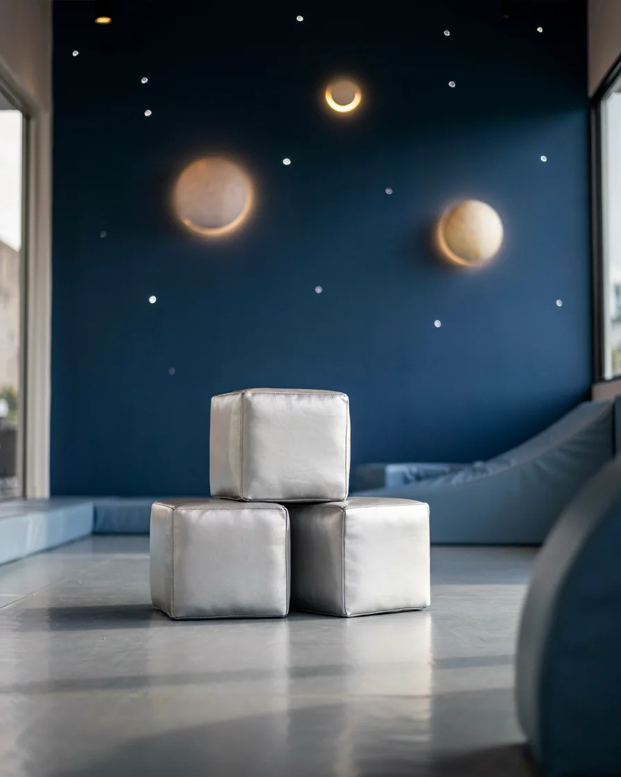 Soft Play Cube, 30 cm Silver in a space theme indoor playground