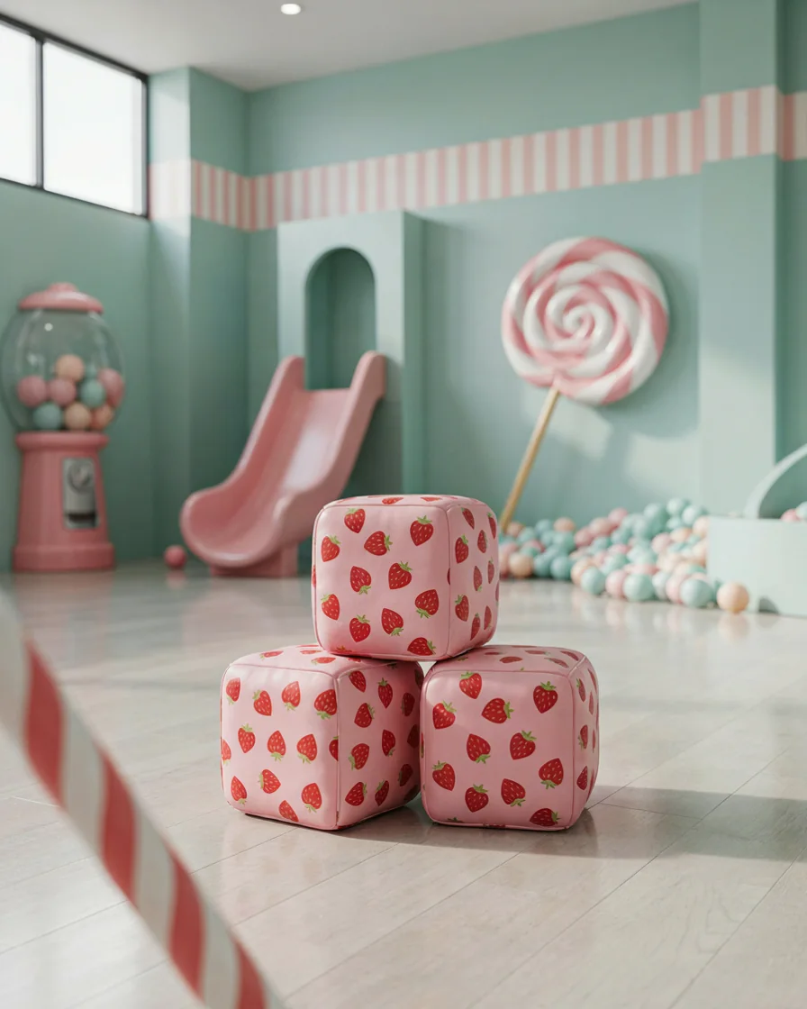 PlayCurator Soft Play Cube, 30 cm — Strawberry Print 1 Soft Play Cube, 30 cm Strawberry Print in a candy theme indoor playground