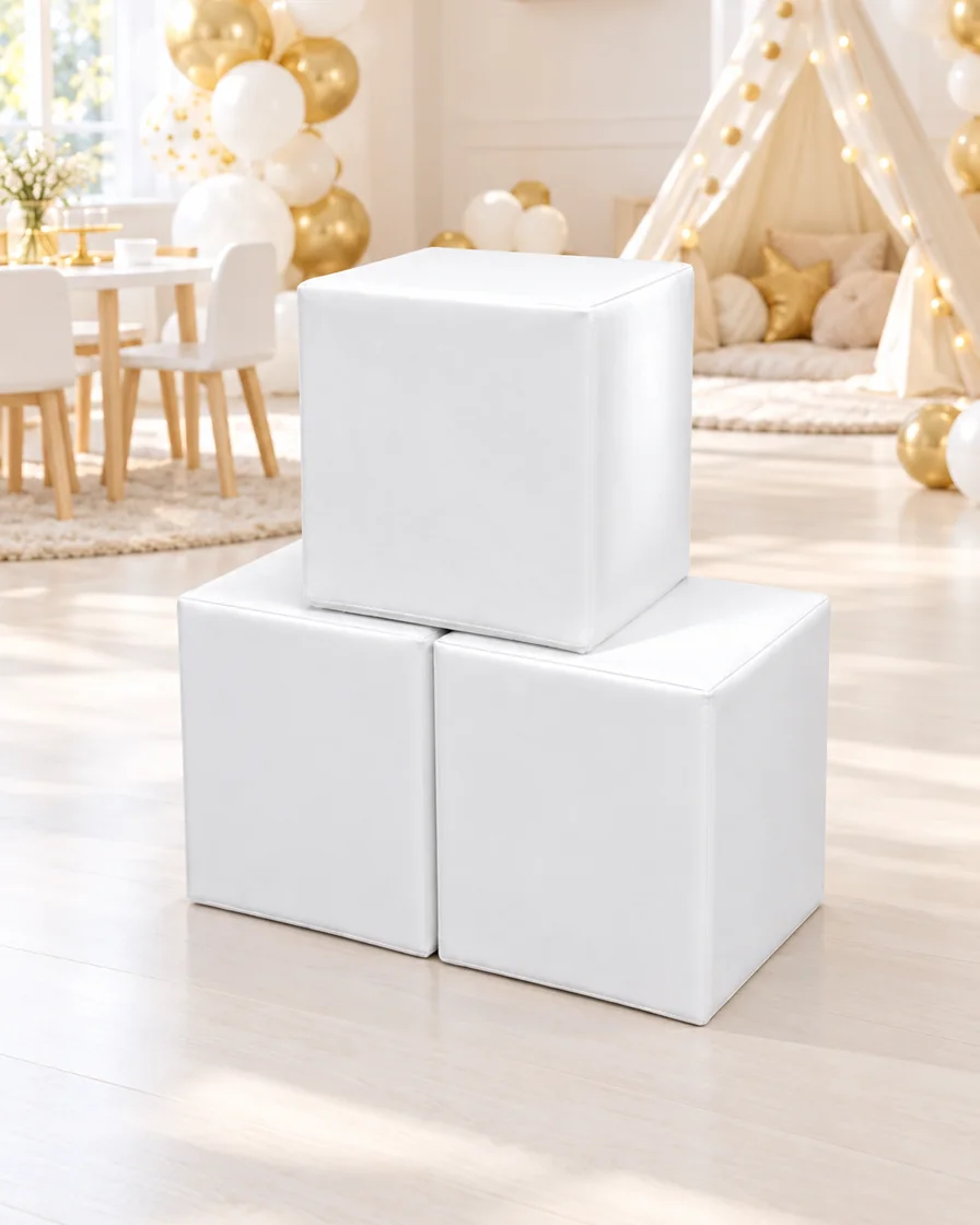 PlayCurator Soft Play Cube, 30 cm — White 1 White soft Play Cube, 30 cm in a kids party room indoor playground