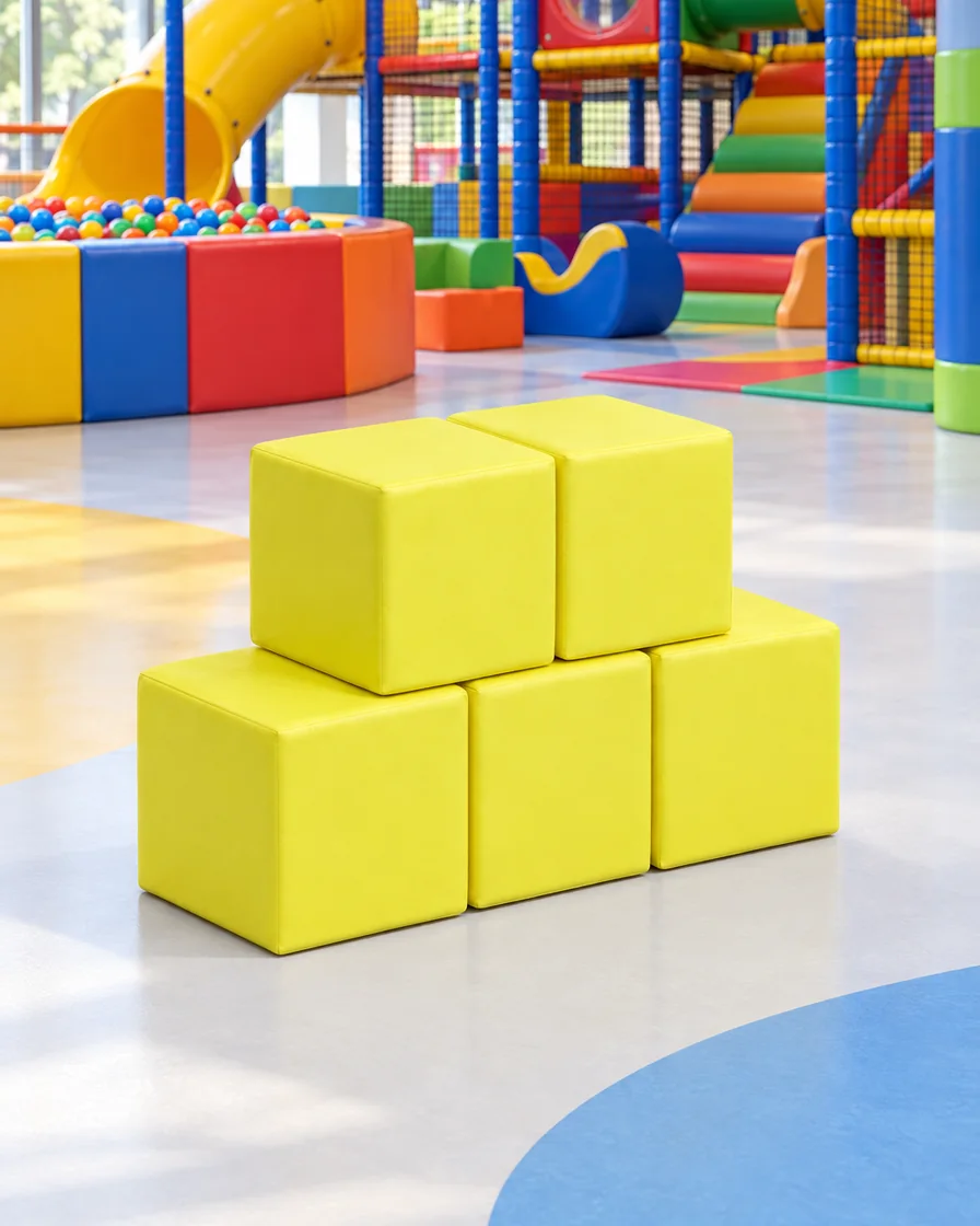 PlayCurator Soft Play Cube, 30 cm — Yellow 1 Soft Play Cube, 30 cm Yellow in a family entertainment center indoor playground