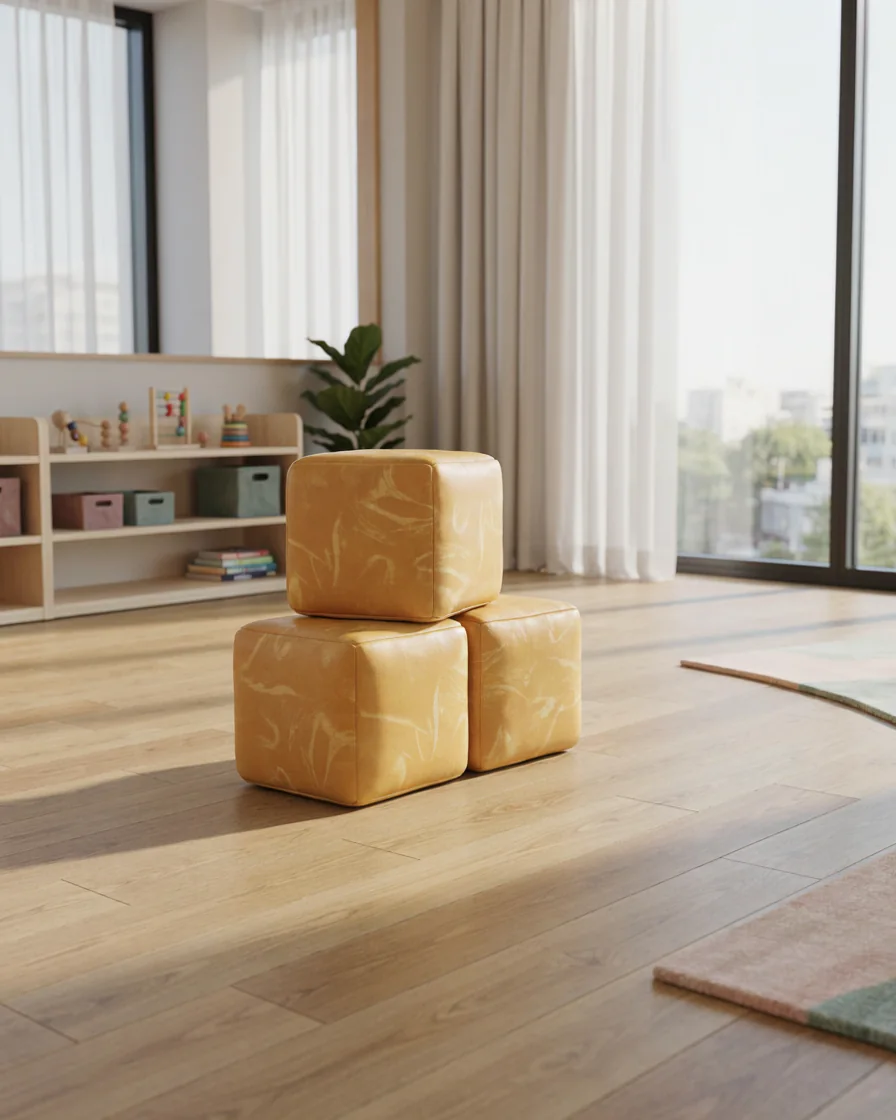 Soft Play Cube, 30 cm Yellow Swirl in a kindergarten playroom indoor playground