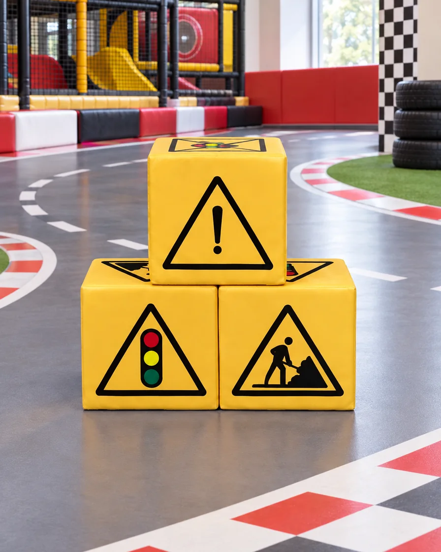 PlayCurator Soft Play Cube, 30 cm — Yellow Traffic Signs 1 Yellow Traffic Signs soft Play Cube, 30 cm in a racing theme zone indoor playground