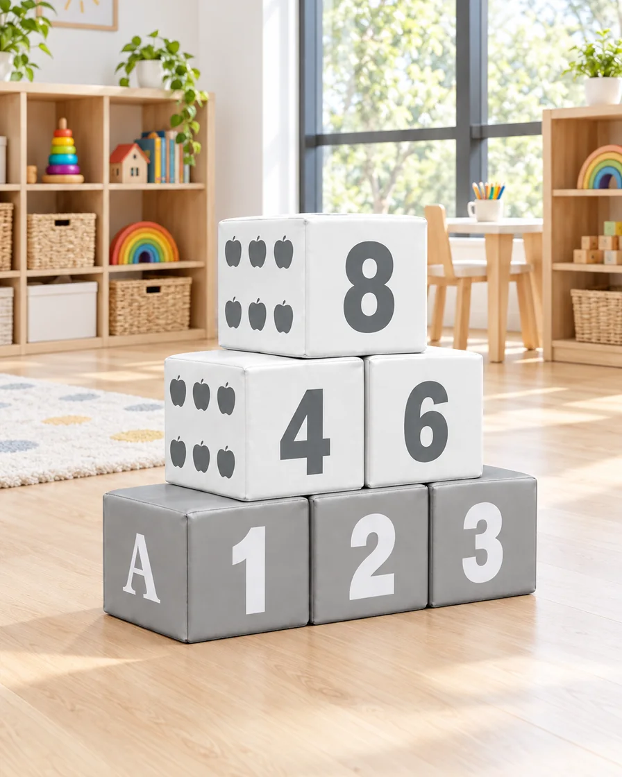 Soft Play Dice & Number Block Grey & White in a kindergarten playroom indoor playground