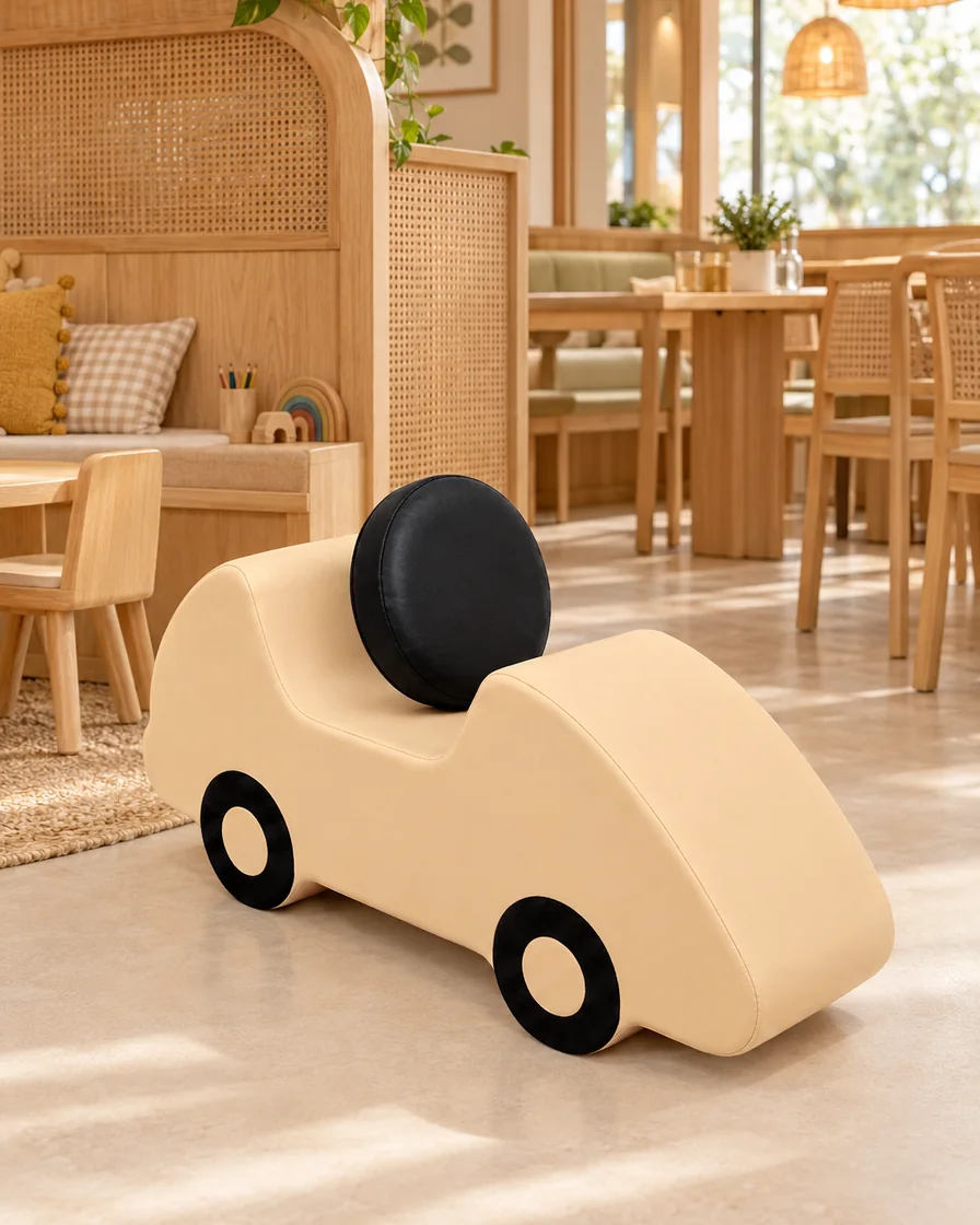 Apricot & Black soft Play Foam Car in a restaurant kids corner indoor playground